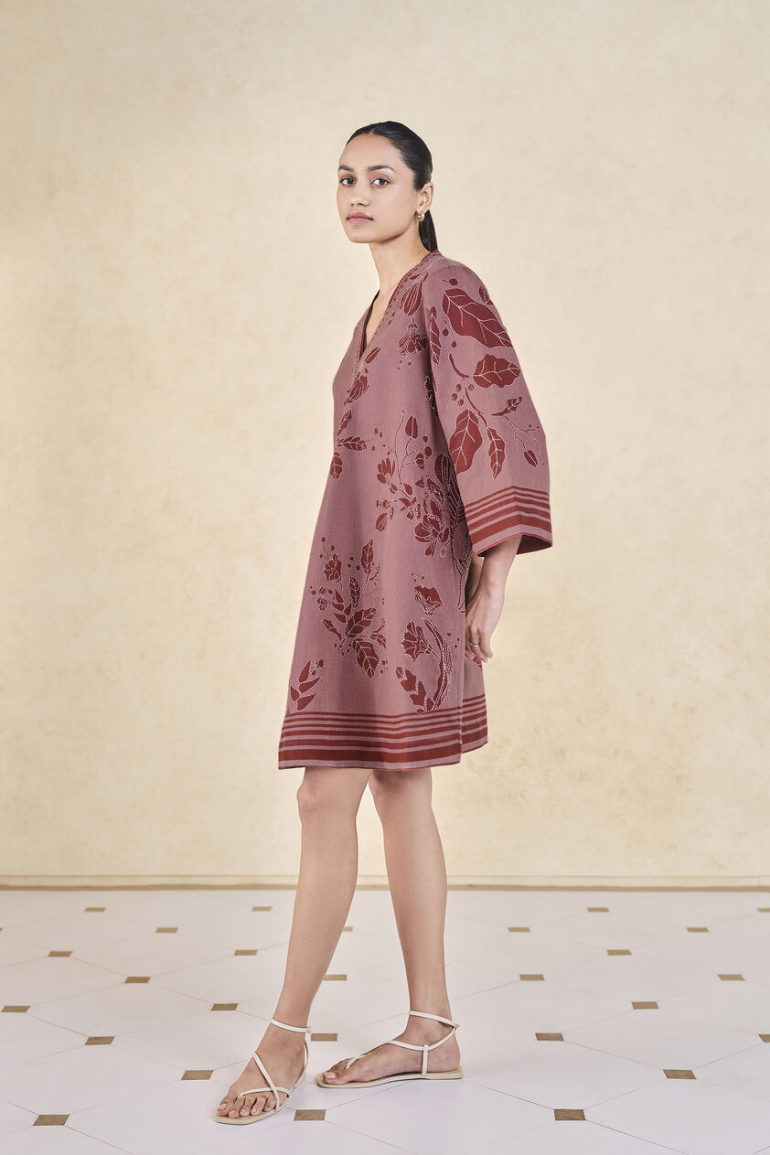 Rhubarb Hand-embroidered Kantha Linen Dress - Pink, Pink, image 2